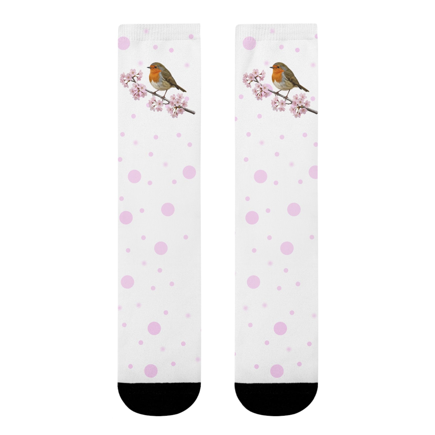 Rotkehlchen Socken mit Kirschblüten | Weiß Rosa gepunktete Vogelmotiv Strümpfe