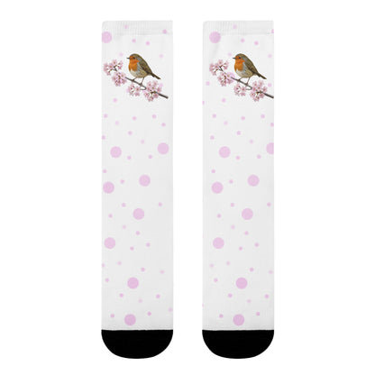 Rotkehlchen Socken mit Kirschblüten | Weiß Rosa gepunktete Vogelmotiv Strümpfe