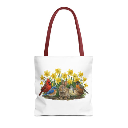 Spring Tote Bag – Cardinal, Bluebird & Bunny | Reusable Easter Basket & Market Shopper (16"x16")