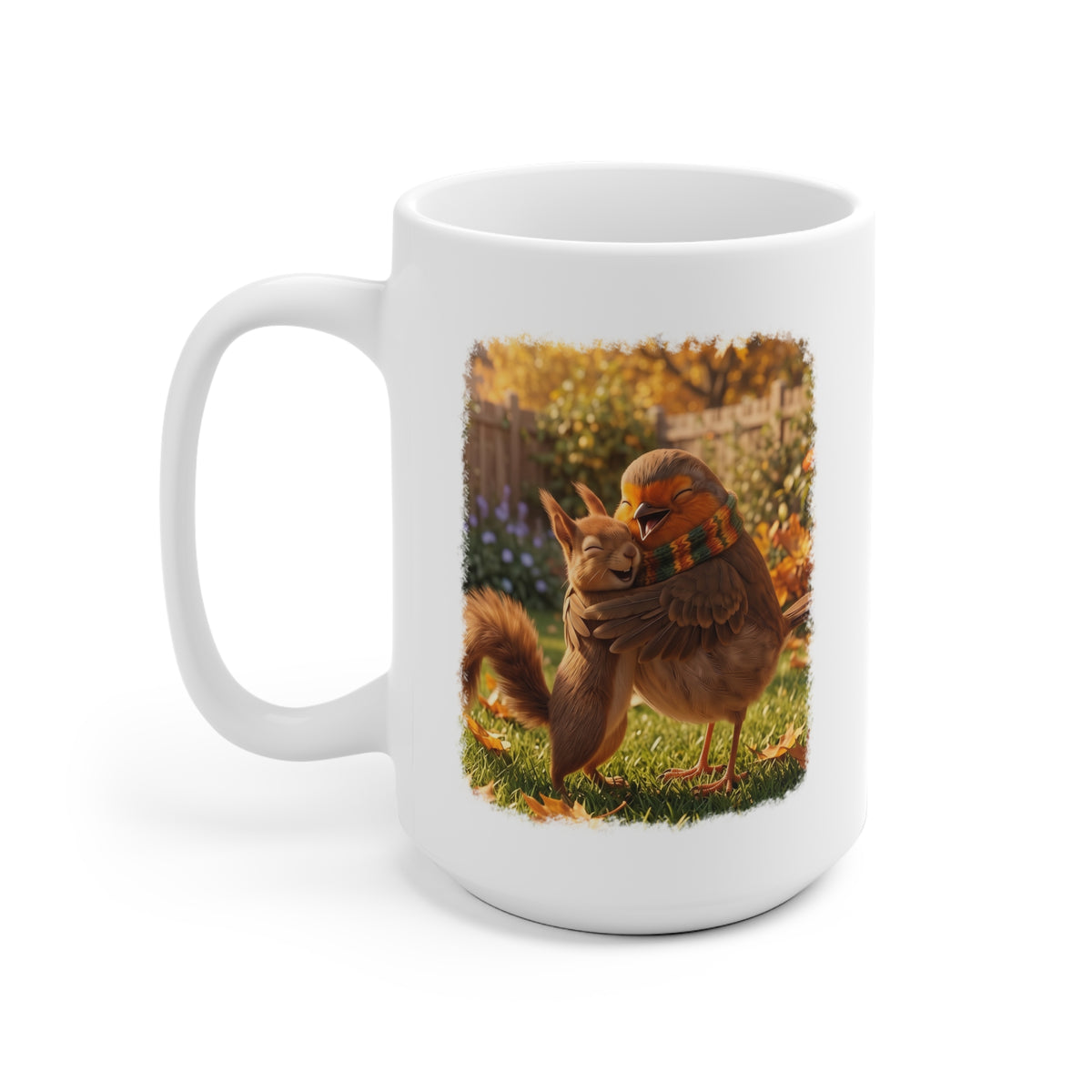 Rotkehlchen & Eichhörnchen Tasse „Rosi“ – Süßer Kaffeebecher mit Umarmung im Garten