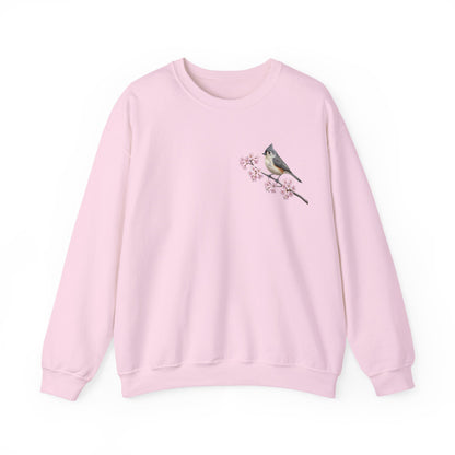 Tufted Titmouse Cherry Blossom Sweatshirt | Floral Bird Crewneck Cozy Spring Pullover – Animal Lover Gift,
