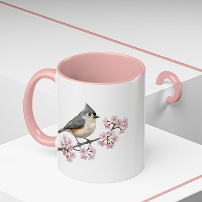 Tufted Titmouse Cherry Blossom Mug | Pink Ceramic Coffee Cup for Bird Lovers