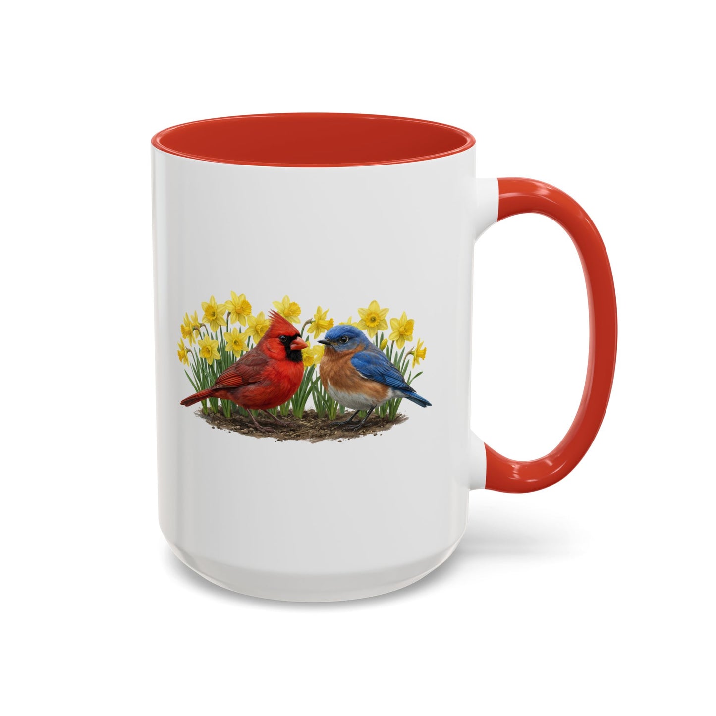 Spring Birds Coffee Mug – Cardinal & Bluebird in Daffodils | Two-Tone Ceramic Cup (11oz & 15oz)