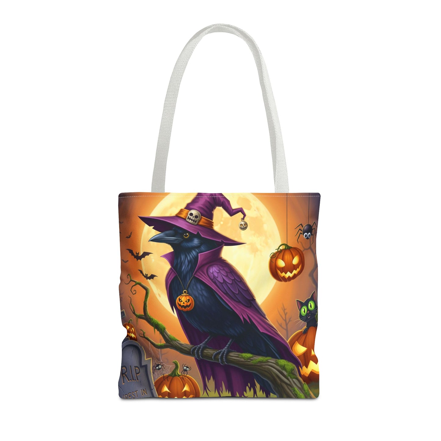 Halloween Raven Tote Bag: Purple Cape & Witch Hat | 16"x16" Polyester | Bird Decor Accessory