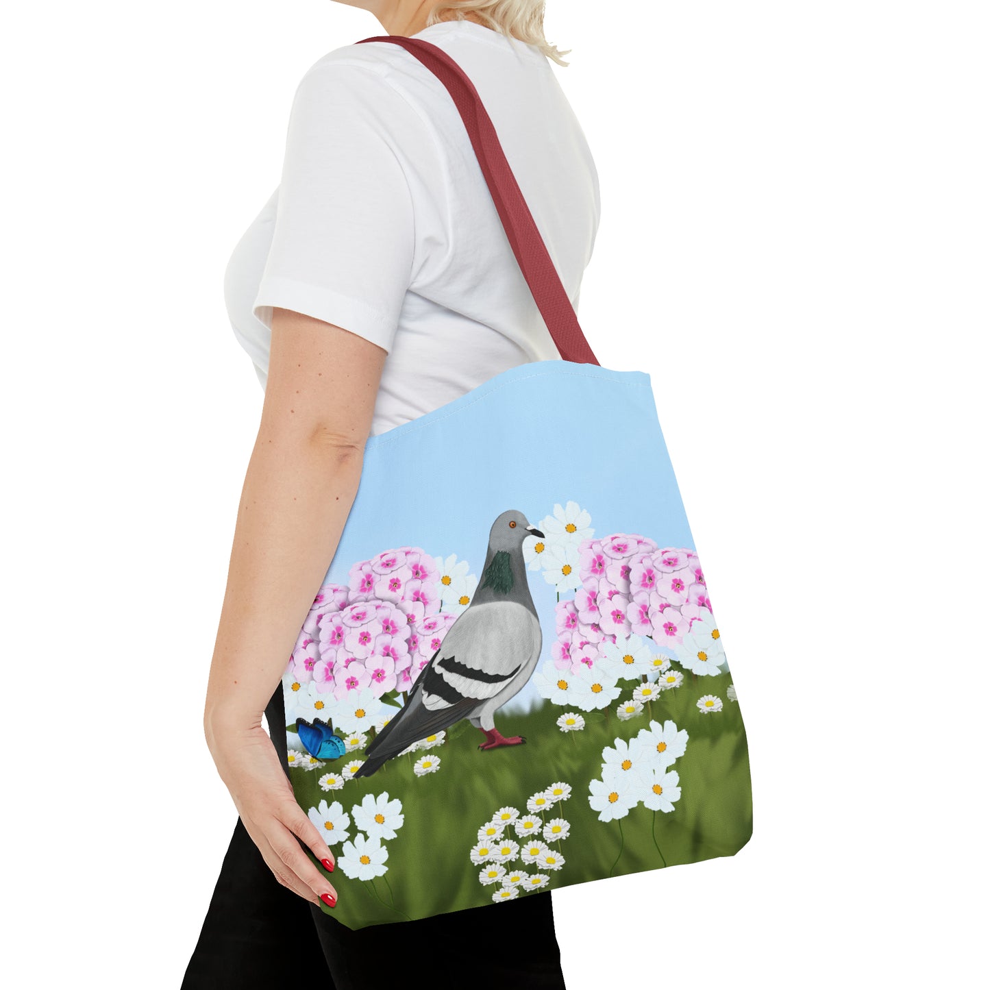 Pigeon in Summer Flowers Bird Tote Bag 16"x16"