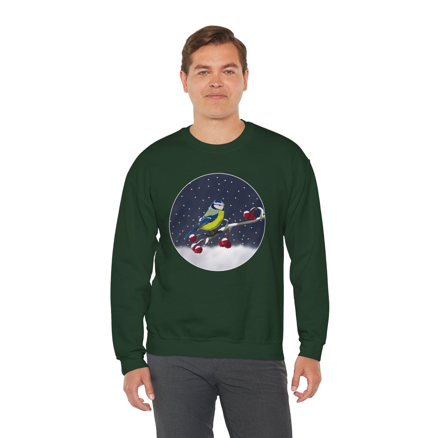 Blue Titmouse on a Winter Branch Birdwatcher Christmas Bird Sweatshirt