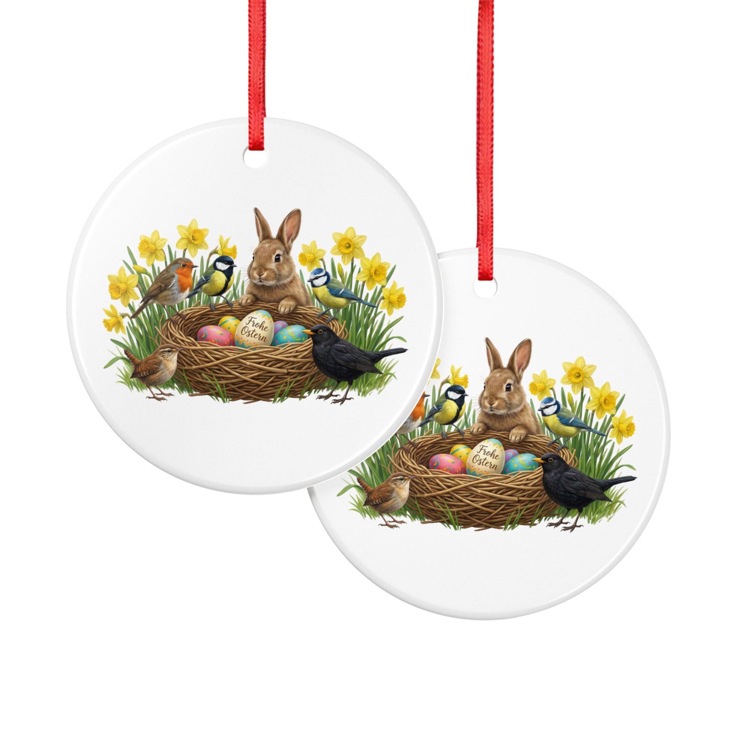 Amsel Rotkehlchen Blaumeise mit Kaninchen und Osterglocken Premium Keramik-Ornament