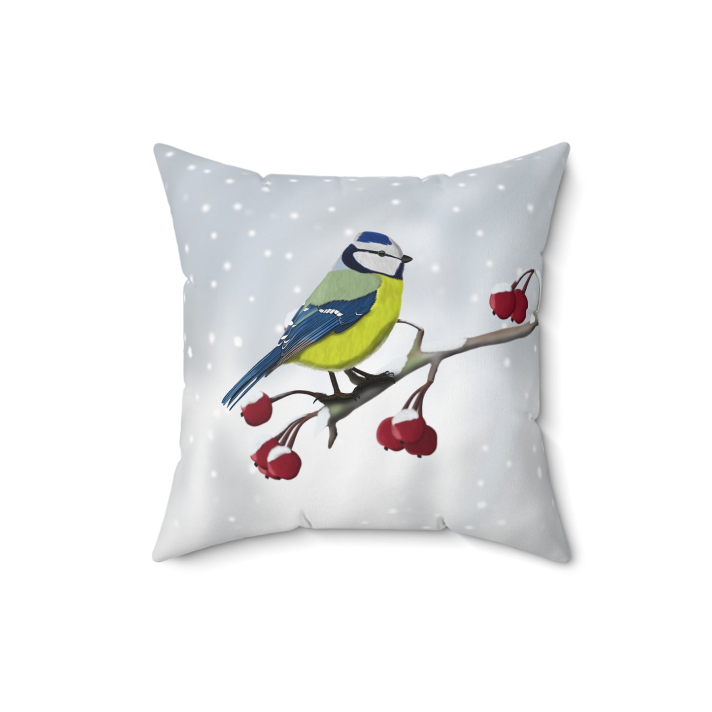 Blue Titmouse on a Winter Branch Christmas Bird Throw Pillow 16"x16"