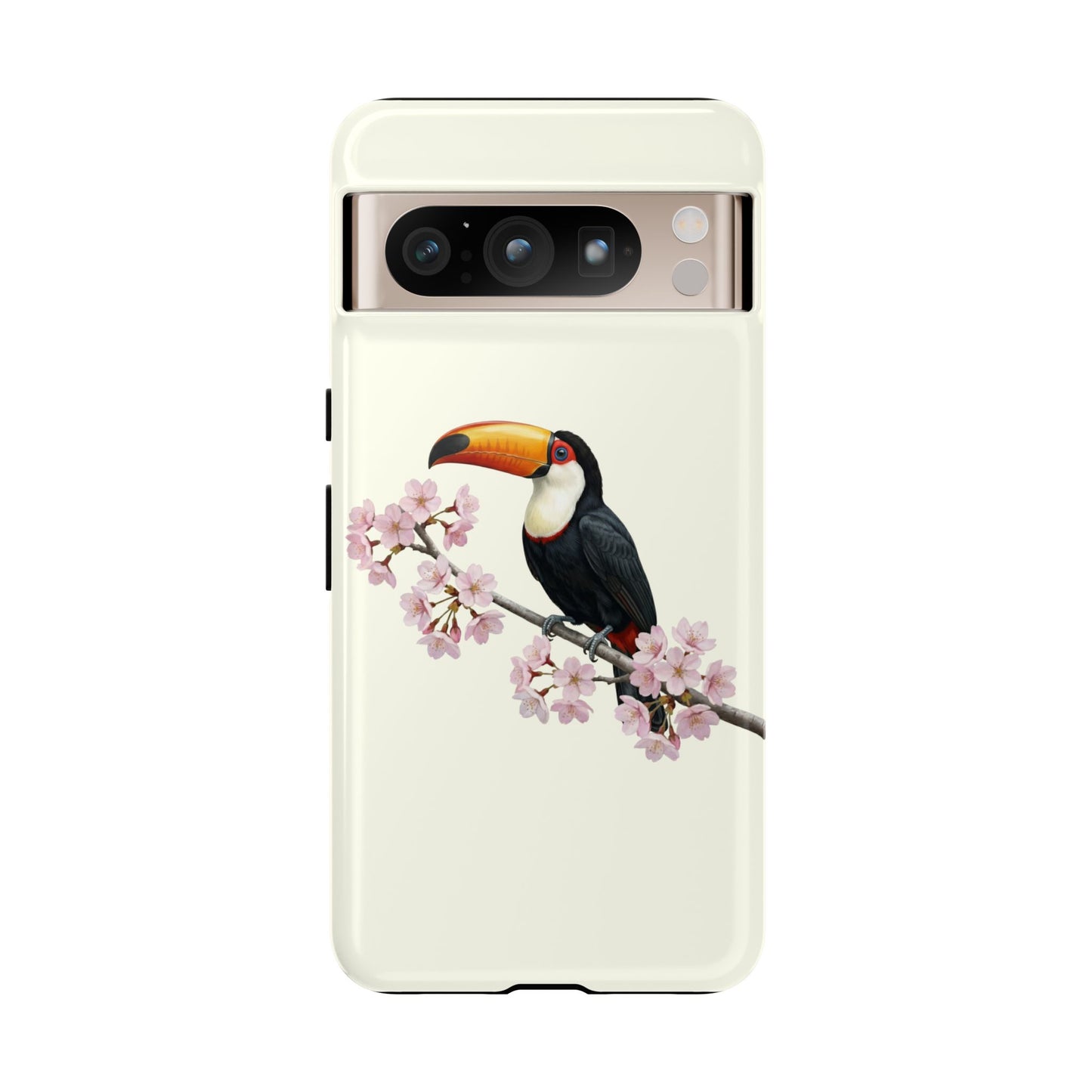 Tukan Handyhülle in Cremeweiß | Florales Kirschblüten Vogel-Motiv für iPhone & Google Pixel