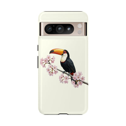 Tukan Handyhülle in Cremeweiß | Florales Kirschblüten Vogel-Motiv für iPhone & Google Pixel