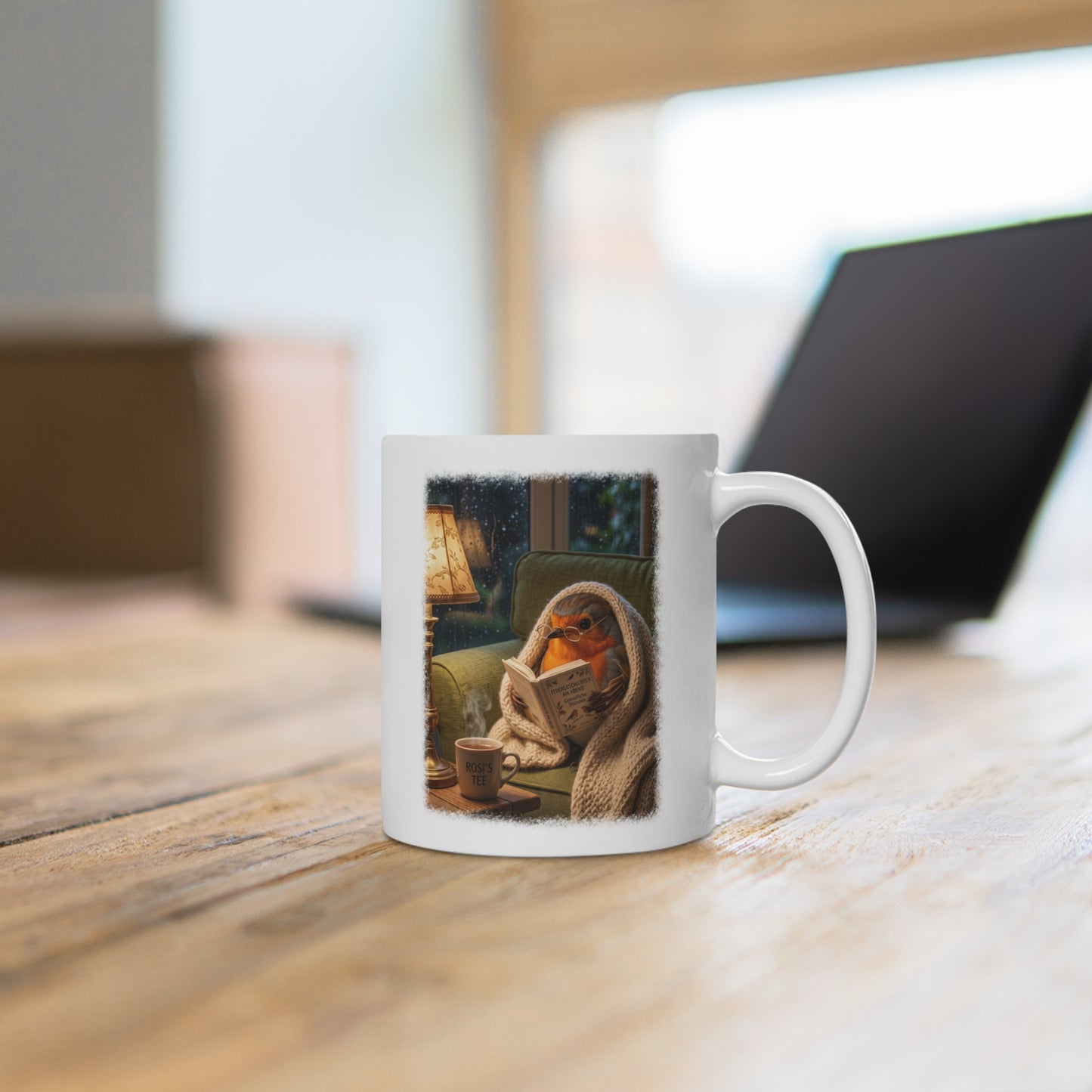 Gemütliche Rotkehlchen Kaffeetasse mit Lese-Motiv | Süße Keramiktasse für Buchliebhaber & Cozy Vibes
