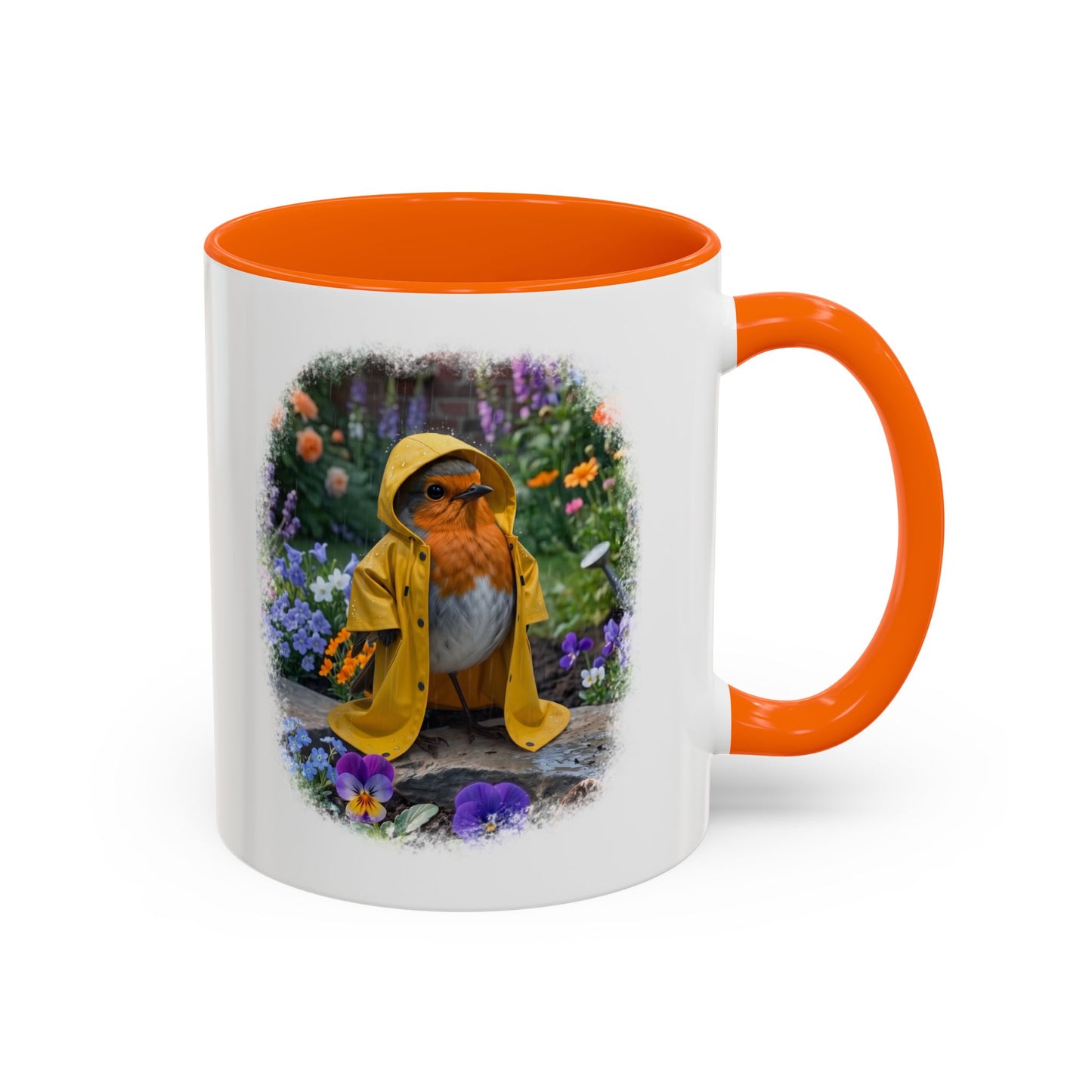 Robin Rosi Yellow Raincoat Garden Premium Mug for Bird Lovers