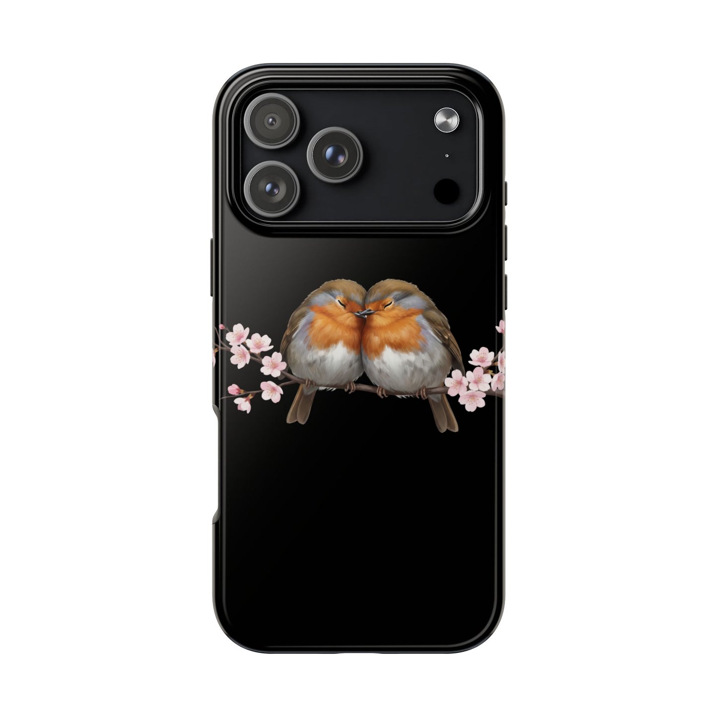 European Robin with Cherry Blossoms iPhone Case – Premium Tough Phone Cover Black