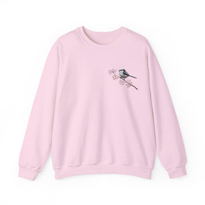 Long Tailed Titmouse Cherry Blossom Sweatshirt | Floral Bird Crewneck Cozy Spring Pullover – Animal Lover Gift,