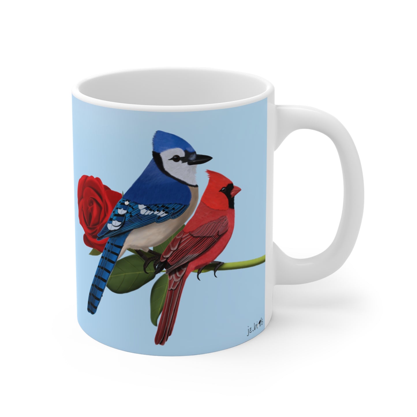 Blue Jay and Cardinal on a Rose Valentine's Day Bird Ceramic Mug 11oz