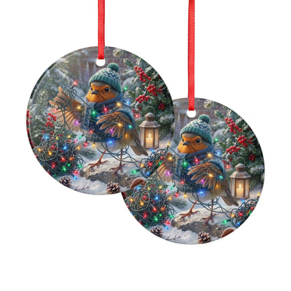 Premium Keramik Ornament Rosi Rotkehlchen & die Lichterkette | 7,5x7,5 cm | Lustige Weihnachtsdeko für Vogelfreunde