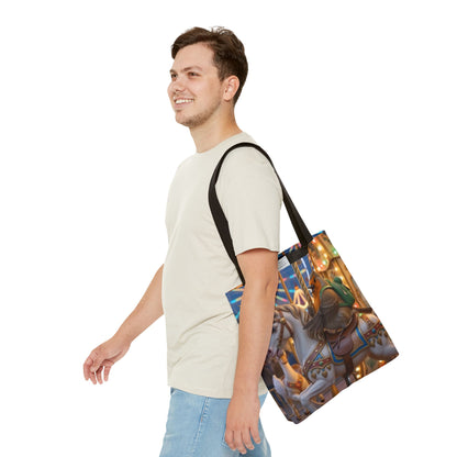 Premium Tragetasche Rosi Rotkehlchen auf dem Einhorn-Karussell (40 x 40 cm)
