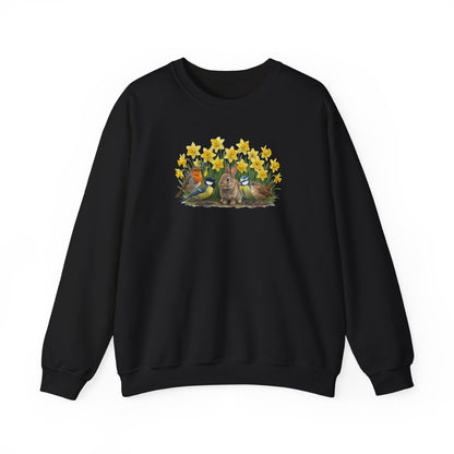 Black sweatshirt with a graphic of bunnies and flowers on a white background