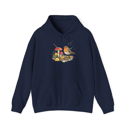 Rotkehlchen Herbst-Hoodie – Kuscheliger Kapuzenpullover mit Laub & Fliegenpilzen