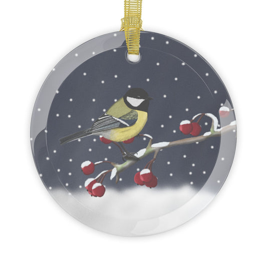 Chickadee on a Winter Branch Christmas Bird Glass Ornament