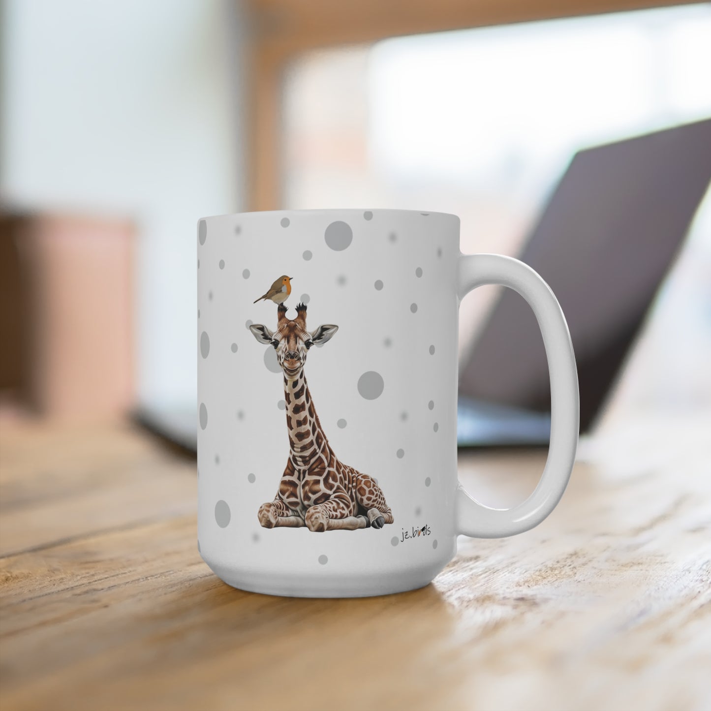 Rotkehlchen mit einer Baby Giraffe Vogel Tiermotiv Tasse Punkte Grau
