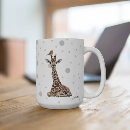 Rotkehlchen mit einer Baby Giraffe Vogel Tiermotiv Tasse Punkte Grau