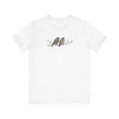 Eastern Bluebird Fledgling T-Shirt | Spring Blossoms Unisex Graphic Tee for Bird Watchers