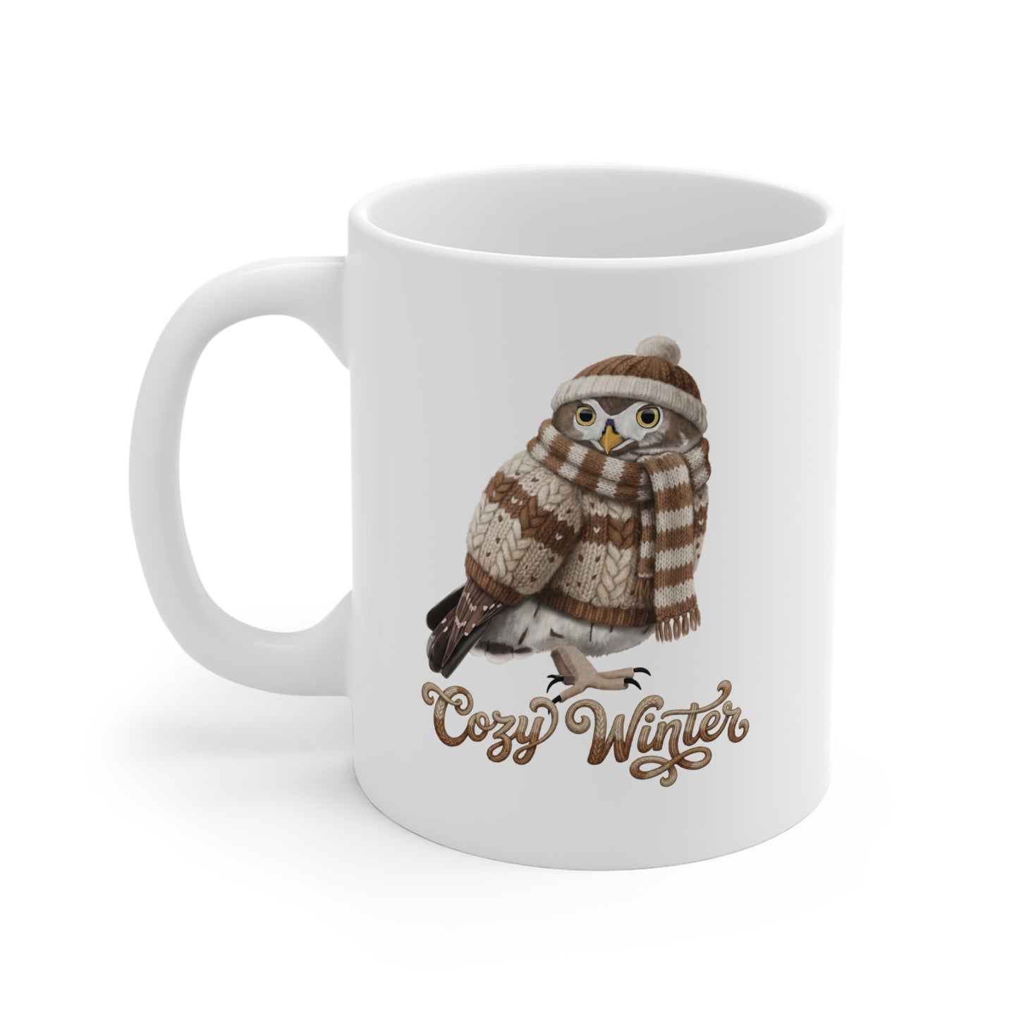 Eule mit Strickpullover Weihnachtliche Tasse mit Vogelmotiv Cozy Winter – Ideal für Kakao & Kaffee