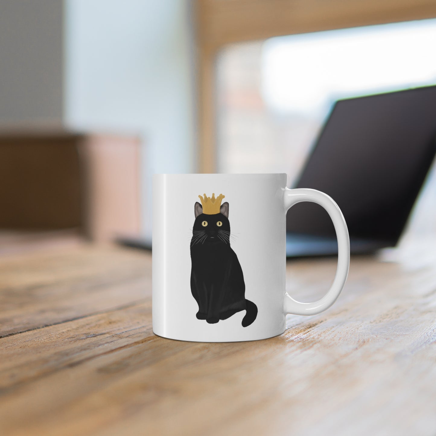 Black Cat with Crown Cat Lover Ceramic Mug White