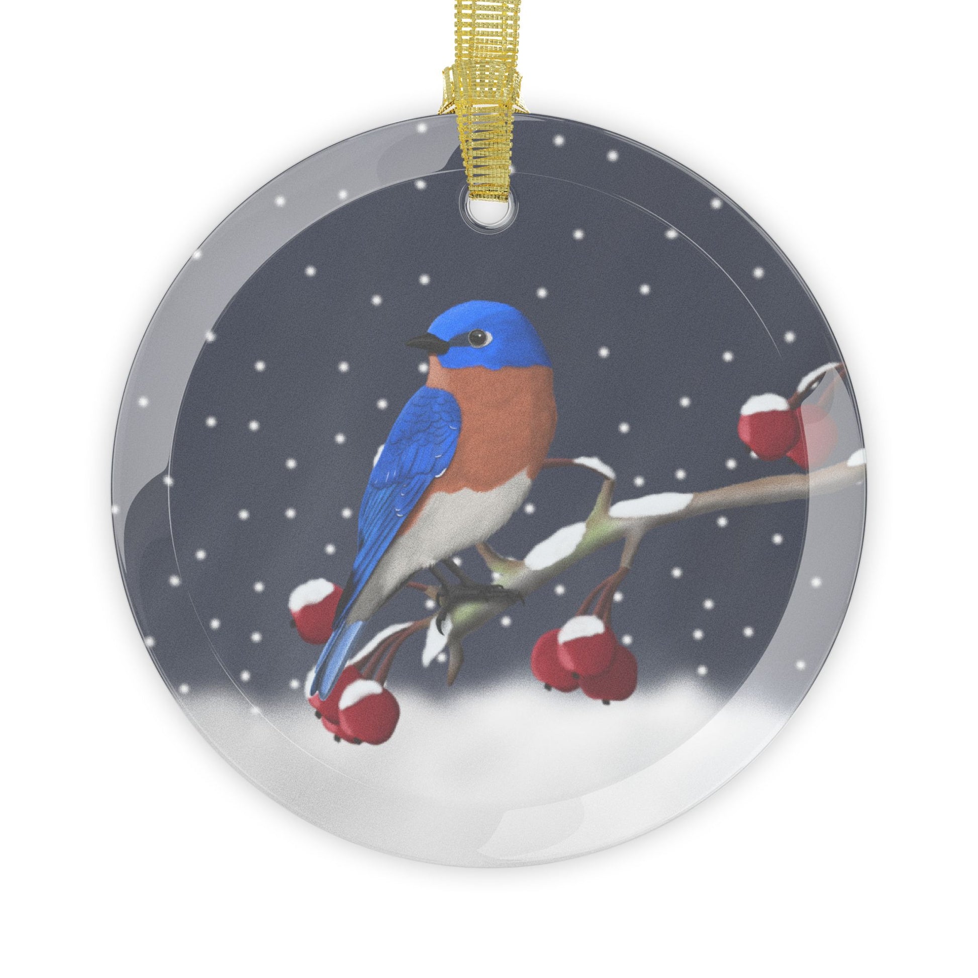 Bluebird on a Winter Branch Christmas Bird Glass Ornament