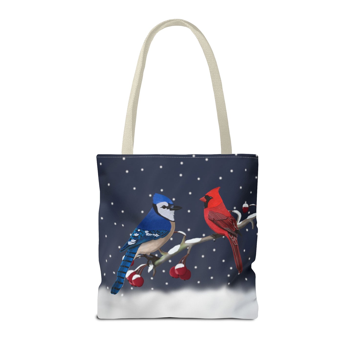 Blue jay and Cardinal on a Winter Branch Christmas Bird Tote Bag 16"x16"