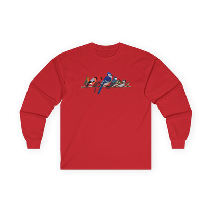 Blue Jay Cardinal Robin on a Branch Birdwatching Cotton Long Sleeve T-Shirt