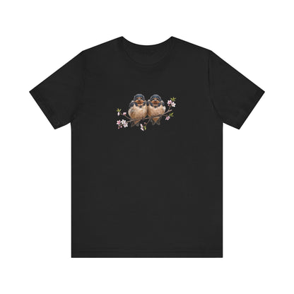 Barn Swallow Fledgling T-Shirt | Spring Blossoms Unisex Graphic Tee for Bird Watchers