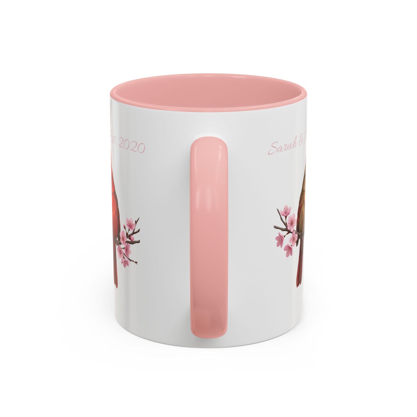 Personalized Cardinal Couple Mug – Cherry Blossom Design with Custom Names (Pink Accent)