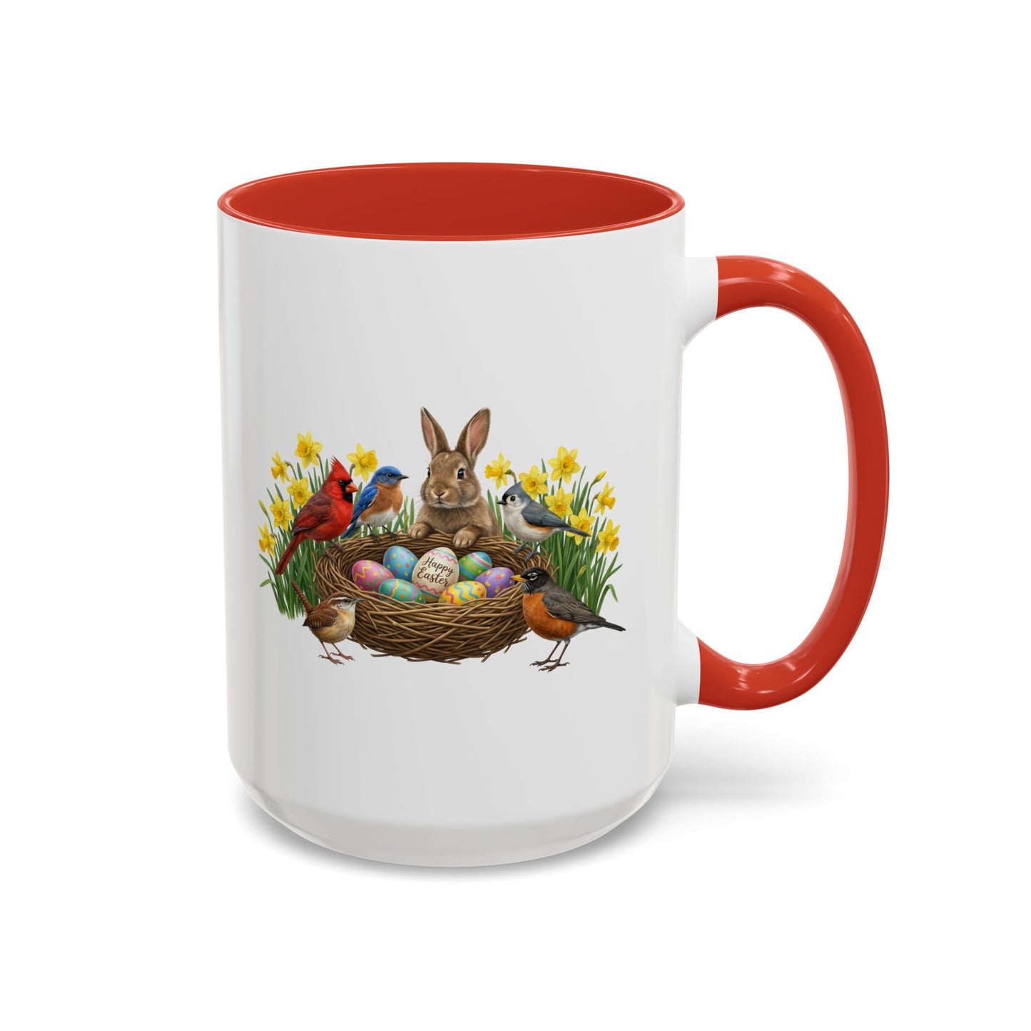 Spring Birds Garden Coffee Mug – Cardinal, Bluebird, Wren & Bunny in Daffodils | Two-Tone Ceramic Cup (11oz & 15oz)