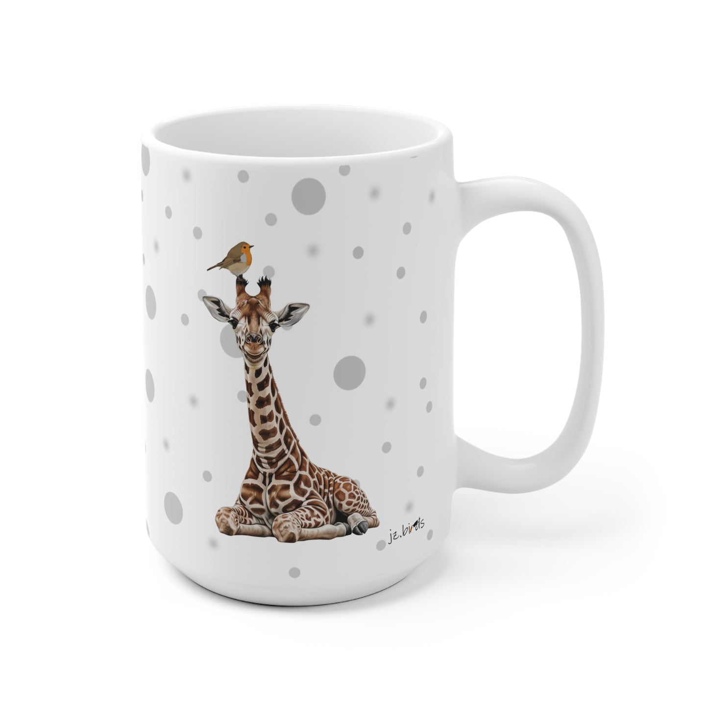 Rotkehlchen mit einer Baby Giraffe Vogel Tiermotiv Tasse Punkte Grau