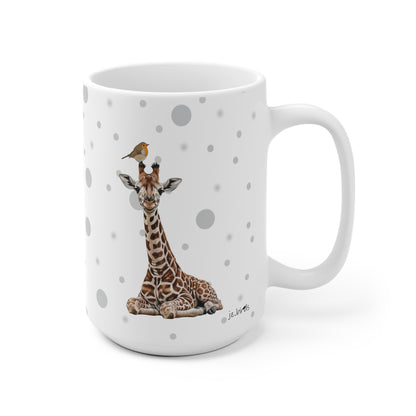 Rotkehlchen mit einer Baby Giraffe Vogel Tiermotiv Tasse Punkte Grau