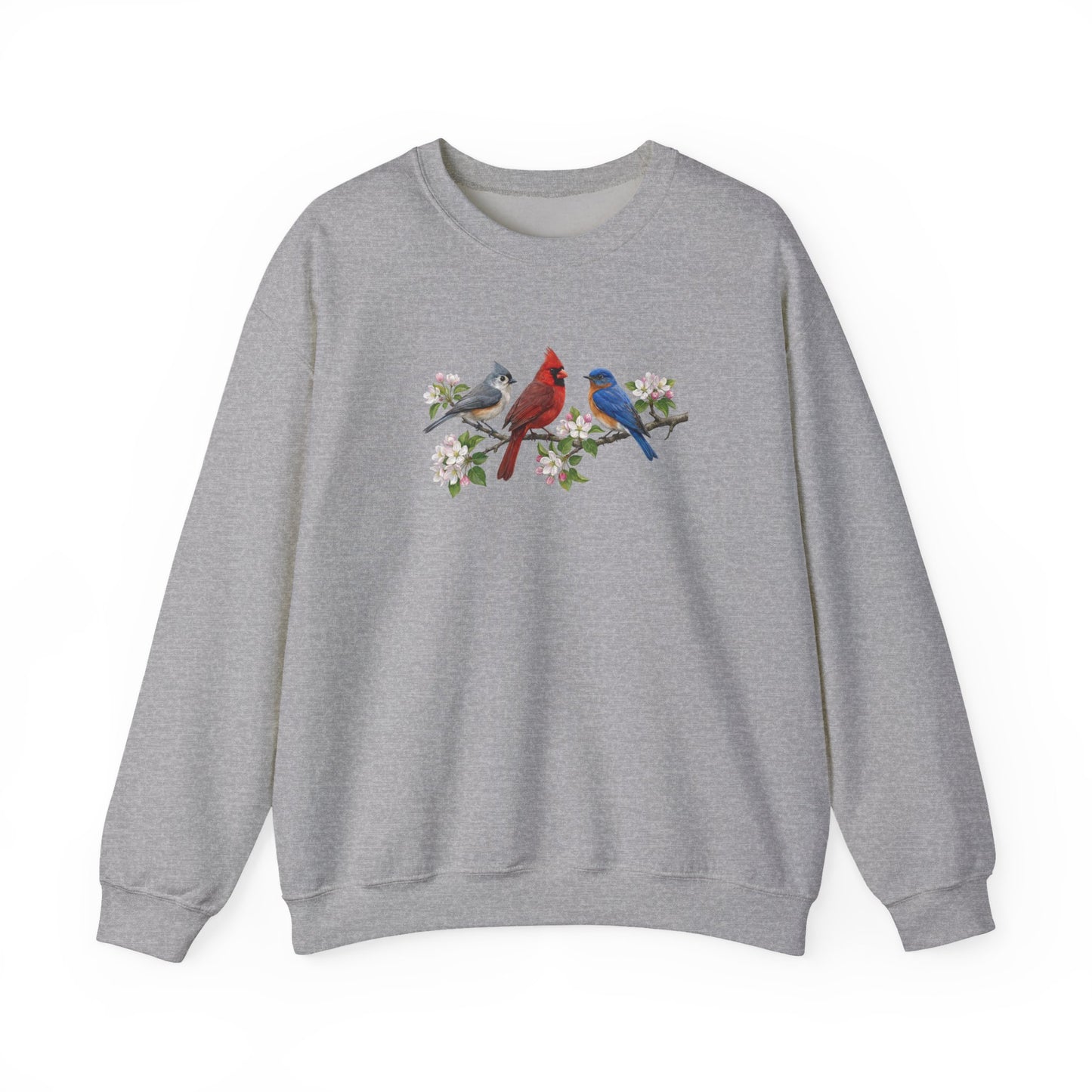 Tufted Titmouse, Cardinal & Bluebird Apple Blossoms – Cozy Birding Crewneck Sweatshirt – Animal Lover Gift,