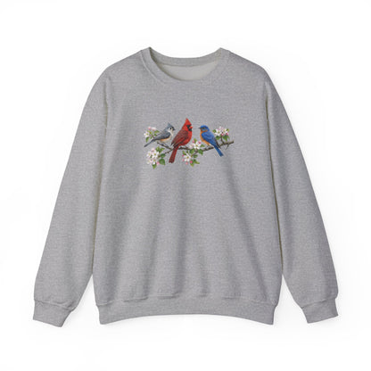 Tufted Titmouse, Cardinal & Bluebird Apple Blossoms – Cozy Birding Crewneck Sweatshirt – Animal Lover Gift,