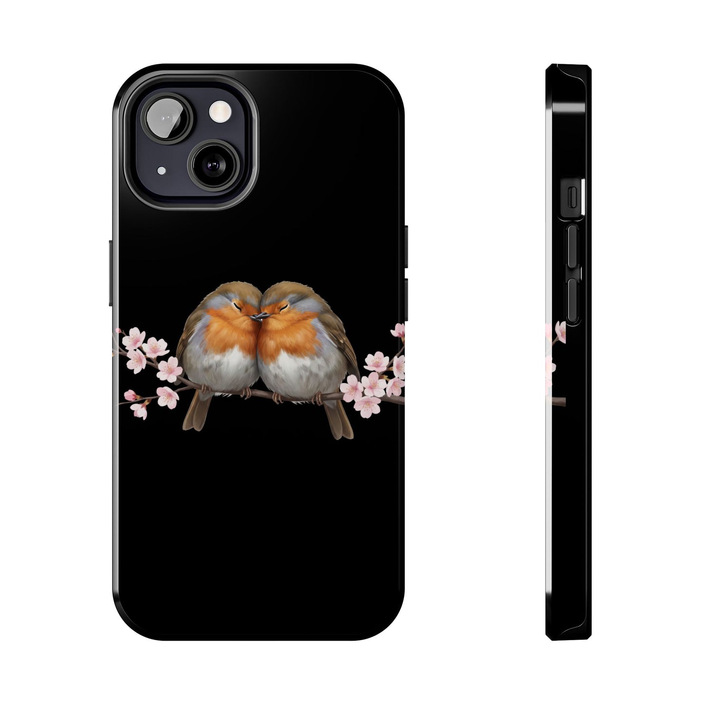 European Robin with Cherry Blossoms iPhone Case – Premium Tough Phone Cover Black