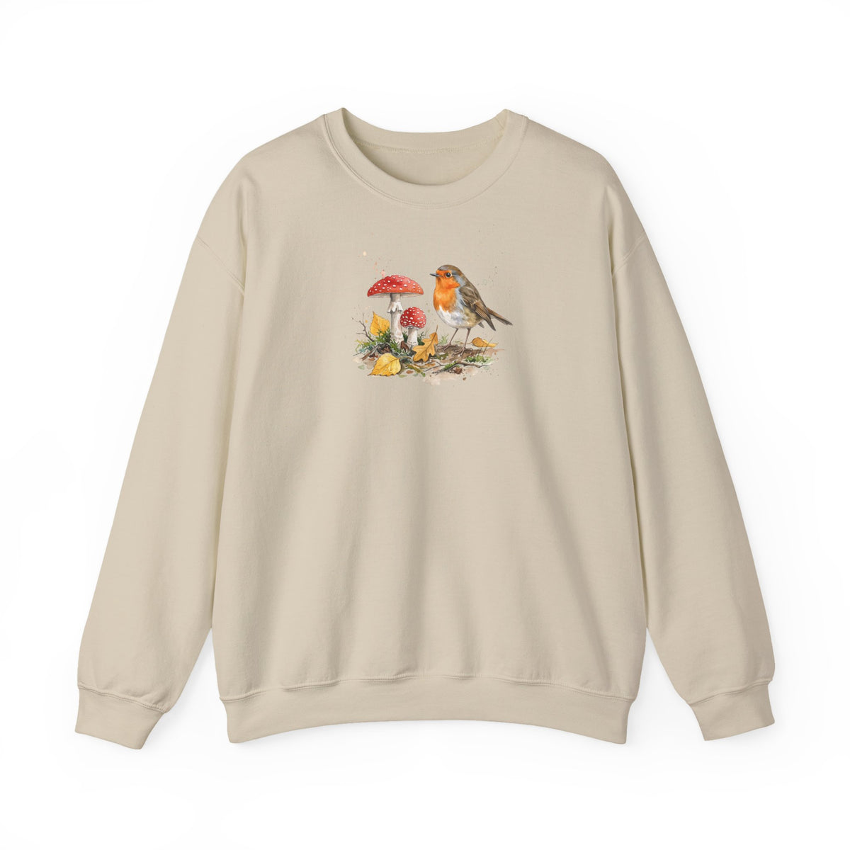 Rotkehlchen Herbst-Sweatshirt – Gemütlicher Pullover mit Herbstlaub & Fliegenpilzen