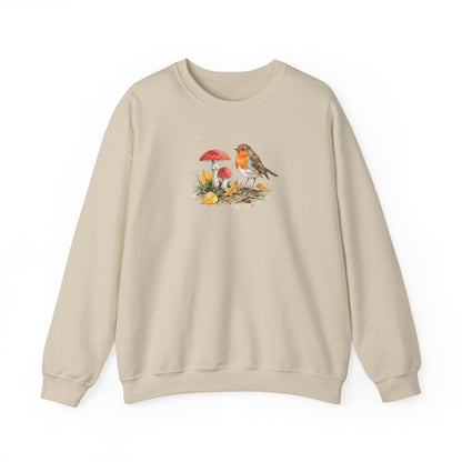 Rotkehlchen Herbst-Sweatshirt – Gemütlicher Pullover mit Herbstlaub & Fliegenpilzen