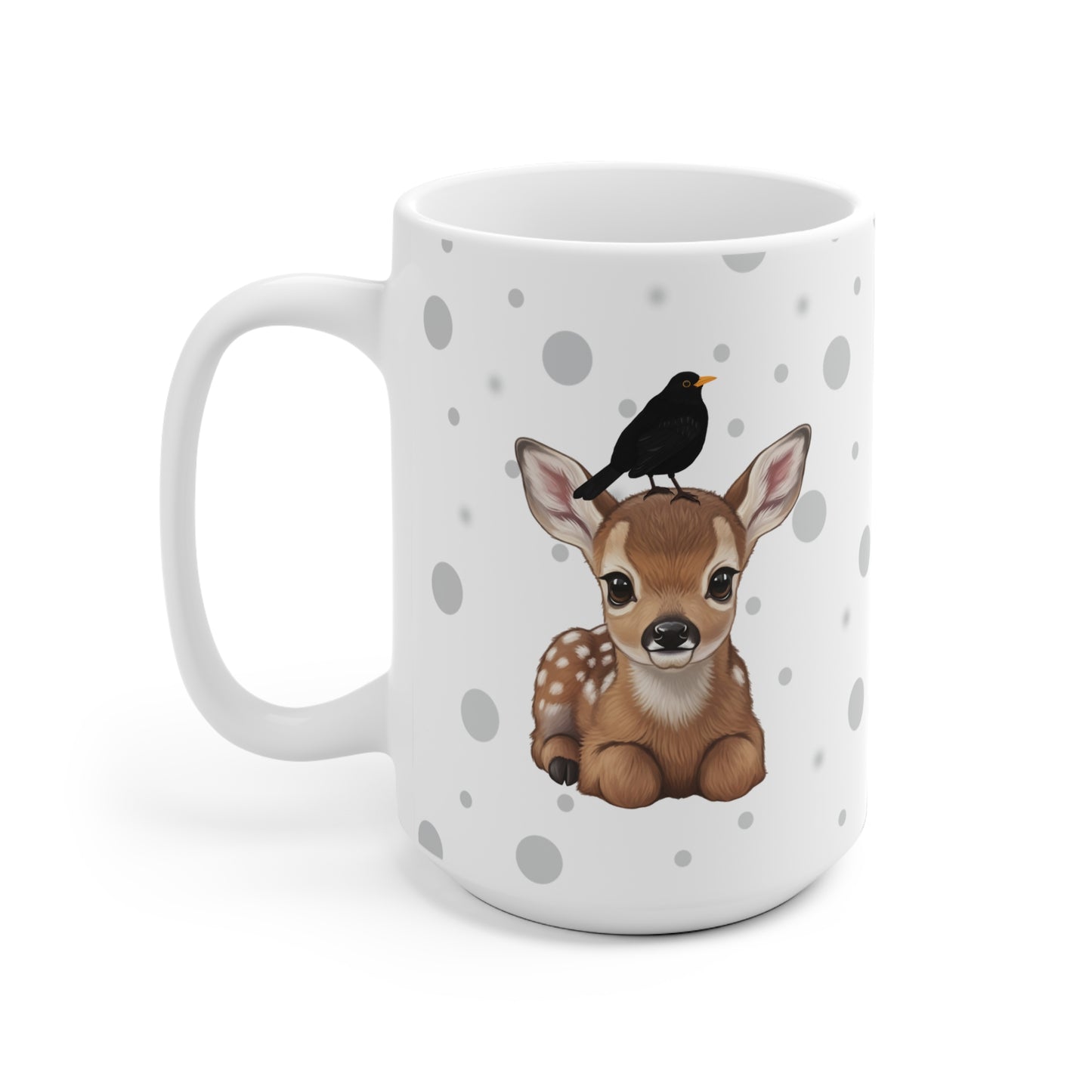 Rehkitz Tasse mit Amsel Tiermotiv Punkte Grau