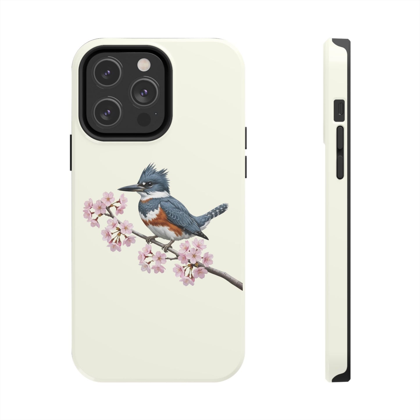 Belted Kingfisher & Cherry Blossom Tough iPhone Case Creamy White