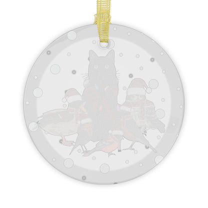 Robin Oriole Mallard Owl and Cat as Santa Claus with Fairy Lights Christmas Glass Ornament