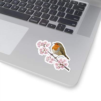 European Robin Cherry Blossom Sticker | Glossy Floral Bird Decal | Spring Laptop Sticker
