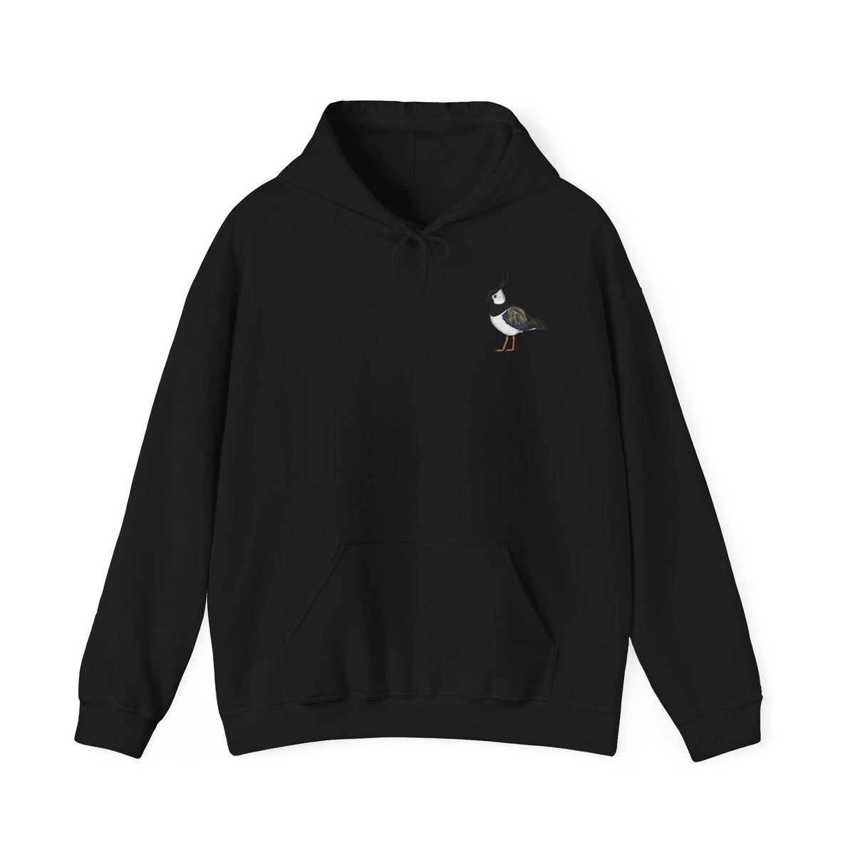 Ein schwarzer Kapuzenpullover mit einem kleinen gemalten Kiebitz 