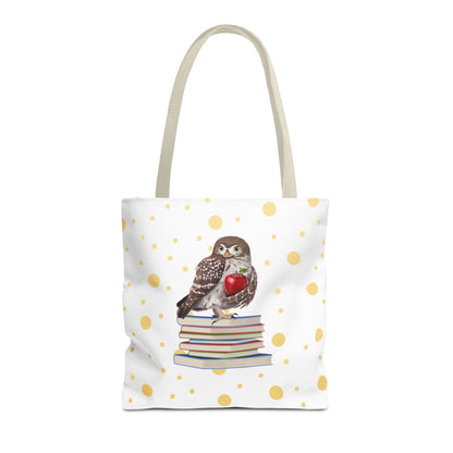Cute Owl & Books Teacher Tote Bag – Gold Polka Dot Aesthetic