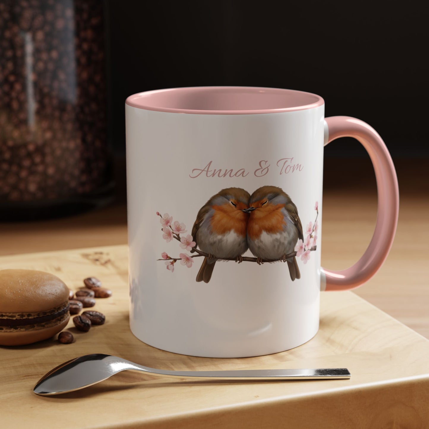 Rotkehlchen in Kirschblüten Personalisierte Tasse - Romantisches Geschenk für Vogelfreunde