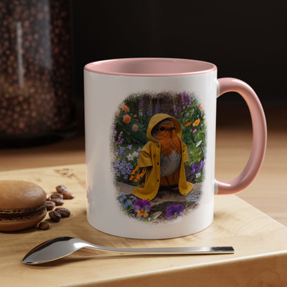 Robin Rosi Yellow Raincoat Garden Premium Mug for Bird Lovers